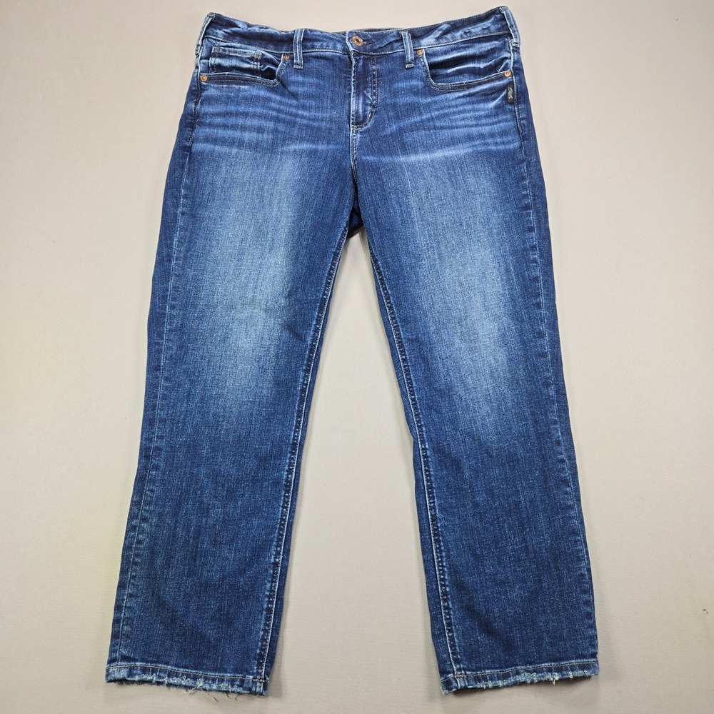 Silver Jeans Co Suki Capri Mid Rise Dark Wash Frayed Hem Blue Womens‎ 34x23.5